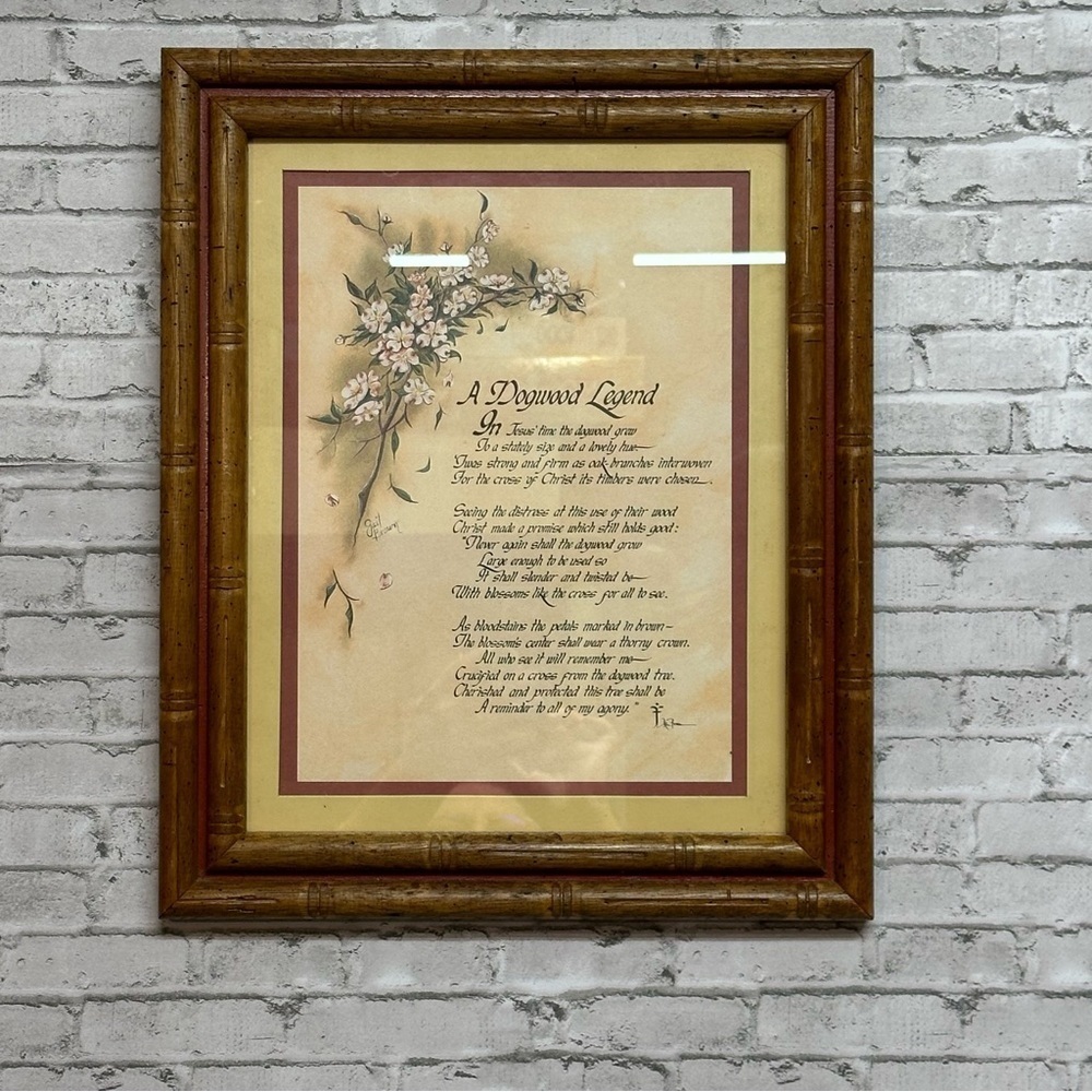 A Dogwood Legend Framed Art Print Signed 13.5 in X 16.5 in Bamboo Style Frame